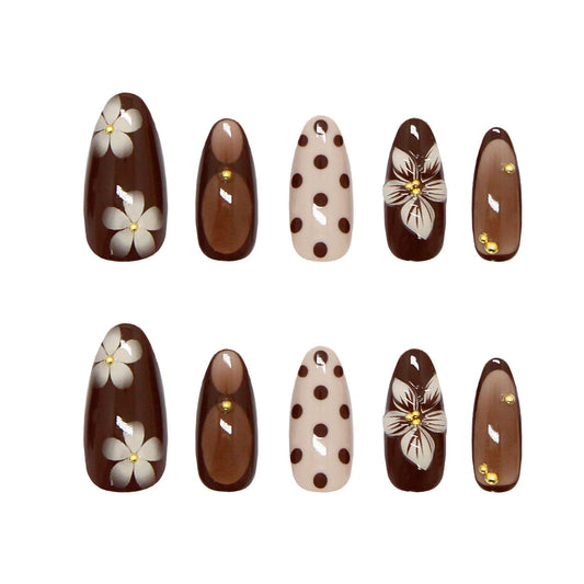 Choco Floral Delight Long Almond Brown and Cream Press On Nail Set with Charming Dots and Blooming Designs