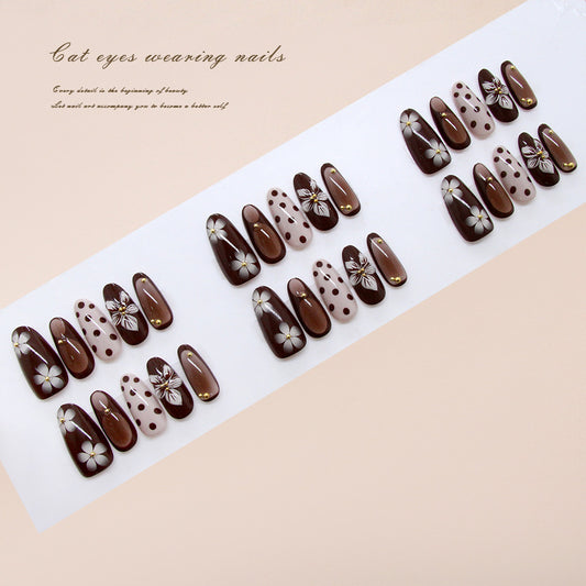 Enchanting Elegance Long Almond Brown Cat Eye Press-On Nail Set with Floral Accents and Gold Highlights