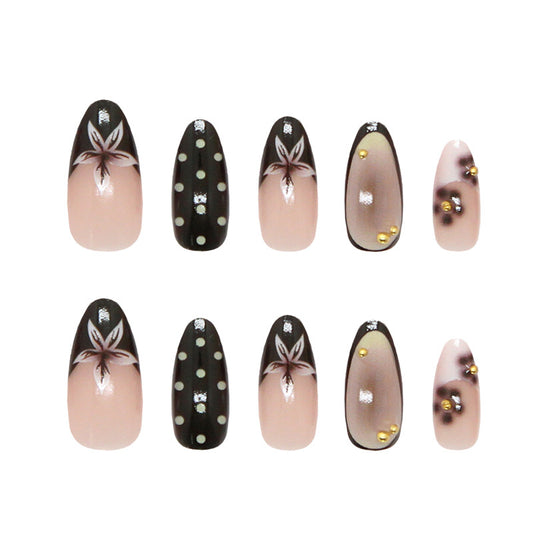 Chic Floral Dream Long Almond Black and Beige Gradient with Elegant Gems Press On Nail Set