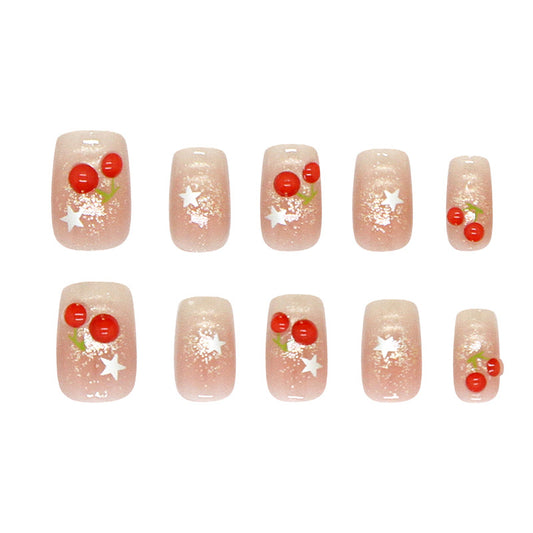 Charming Cherry Blossom Short Square Press On Nail Set in Blush Pink with Star and Cherry Design