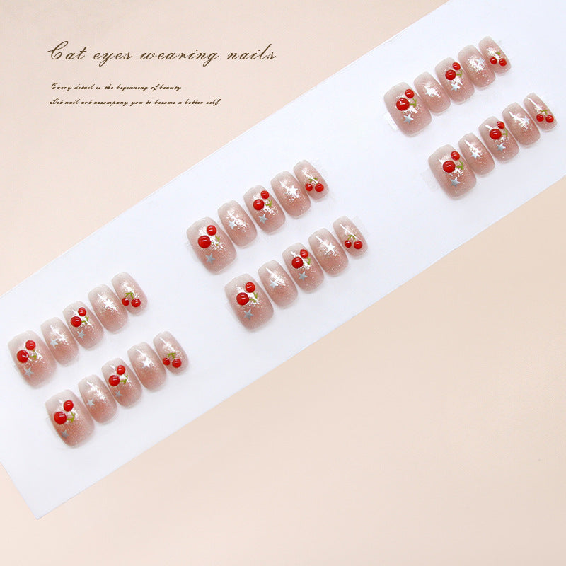 Cherry Blossom Elegance Short Square Pink with Charming Red Accents Press On Nail Set