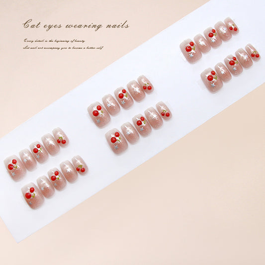 Cherry Blossom Elegance Short Square Pink with Charming Red Accents Press On Nail Set