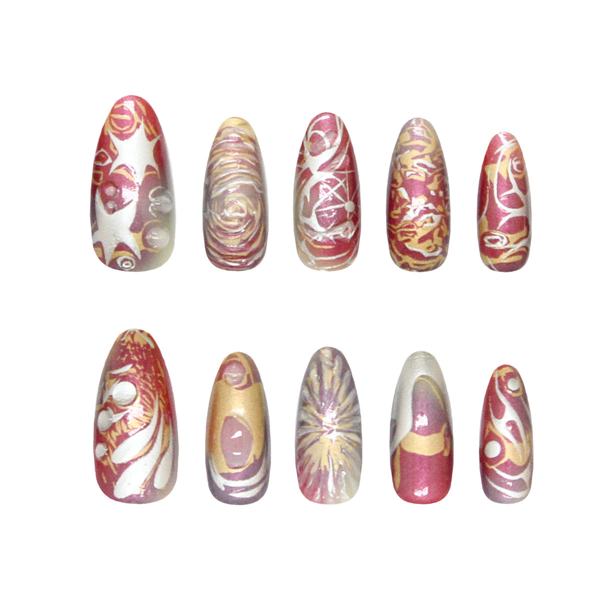 Artistic Dreamscape Glamorous Long Almond Shaped Red and Gold Swirl Design Press On Nail Set