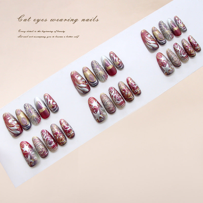 Enchanting Elegance Long Almond Shaped Burgundy and Silver Cat Eye Press-On Nail Set with Intricate Designs