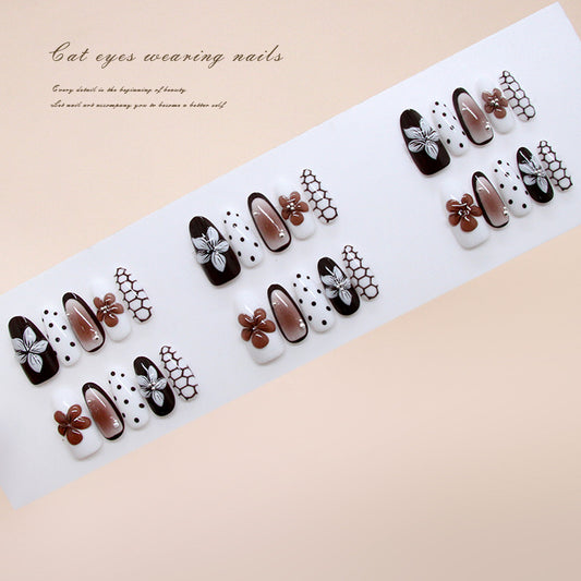 Chic Floral Style Long Almond Brown and White Nail Set with Unique Cat Eye Effect