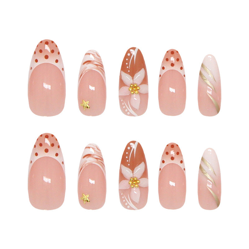 Charming Blossom Inspired Pink Long Almond Shaped Press on Nails with Glitter and Floral Accents
