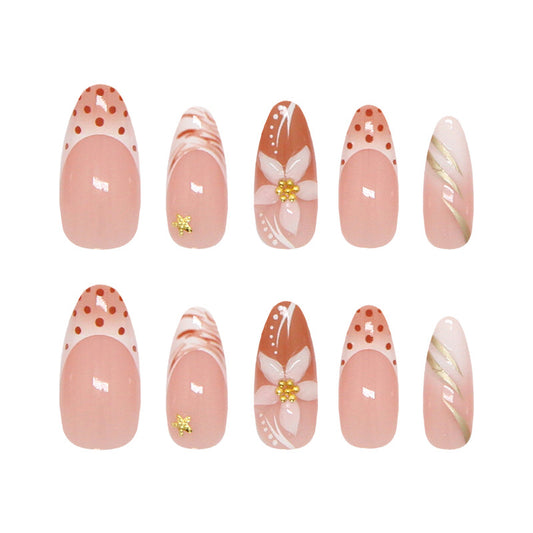 Charming Blossom Inspired Pink Long Almond Shaped Press on Nails with Glitter and Floral Accents