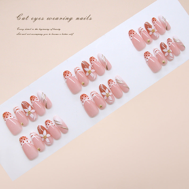 Whimsical Charms Long Oval Pink with Polka Dots and Floral Accents Press On Nail Set