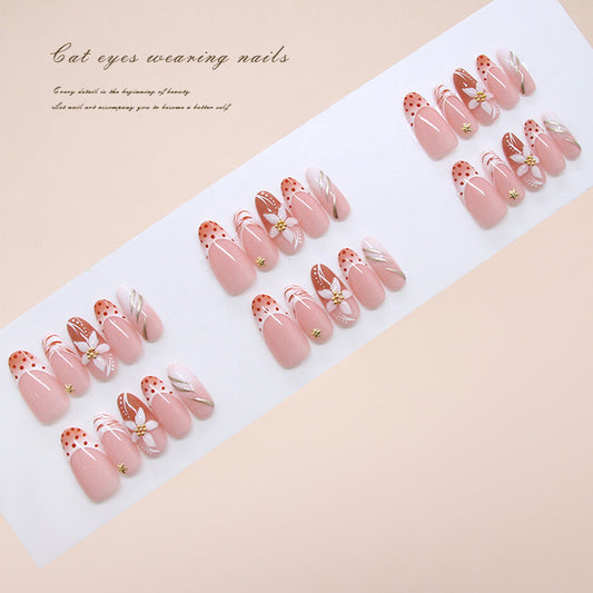 Whimsical Charms Long Oval Pink with Polka Dots and Floral Accents Press On Nail Set