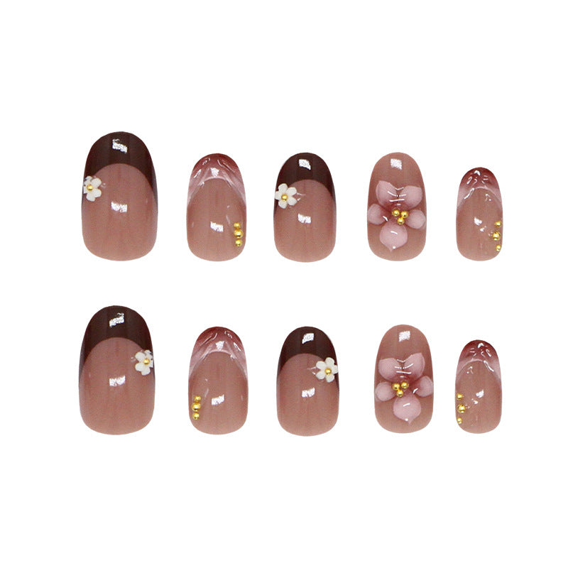 Bohemian Charm Short Oval Pink Brown Floral Accents Press On Nail Set