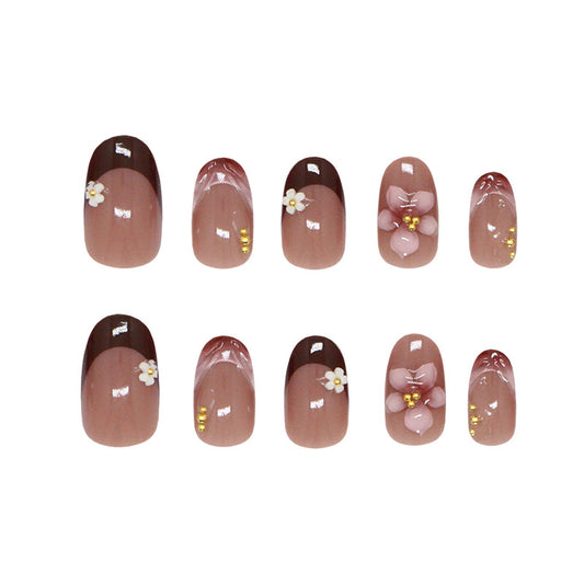 Bohemian Charm Short Oval Pink Brown Floral Accents Press On Nail Set