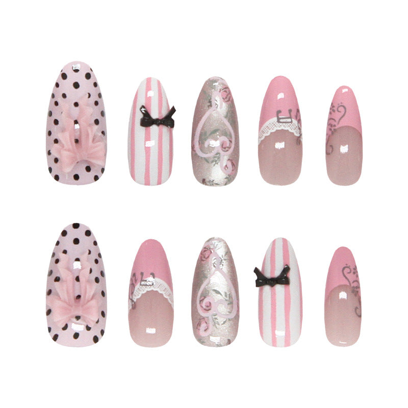 Elegant Tea Party Soft Pink Long Almond Press-On Nail Set with Cute Bow Accents and Charming Floral Designs