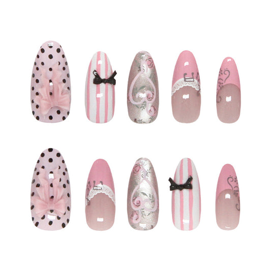 Elegant Tea Party Soft Pink Long Almond Press-On Nail Set with Cute Bow Accents and Charming Floral Designs