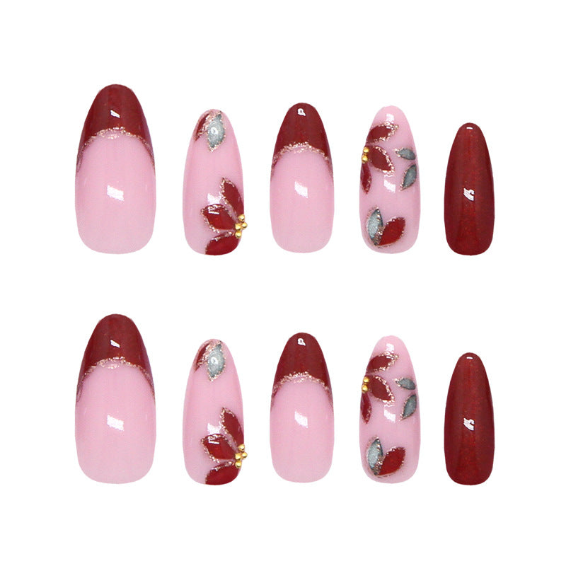 Blossoming Elegance Long Almond Pink and Red Press on Nail Set with Floral Accents