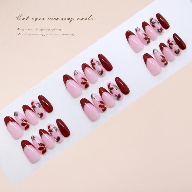 Elegant Cat Eye Inspired Long Almond Shaped Pink and Burgundy Press On Nail Set with Charming Floral Accents
