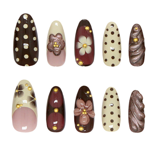 Elegant Garden Inspired Long Almond Shaped Burgundy and Cream Press On Nail Set with Floral Accents and Gold Detailing