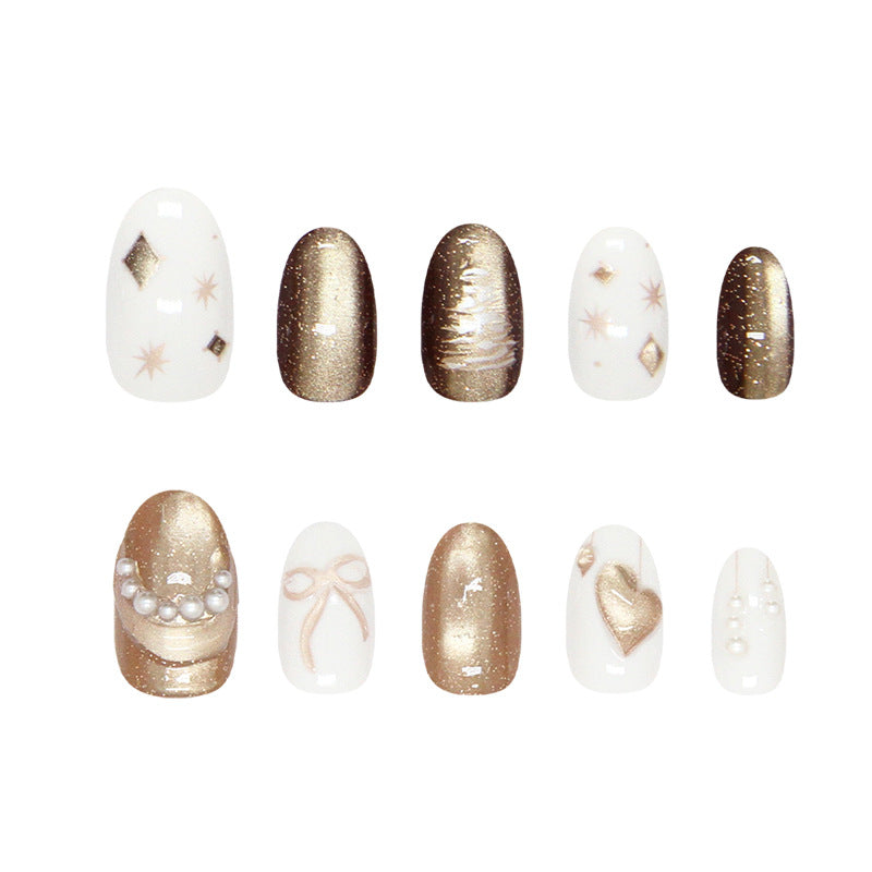 Glamorous Gold Holiday Press On Nail Set Short Oval White and Gold Shimmer with Intricate Designs
