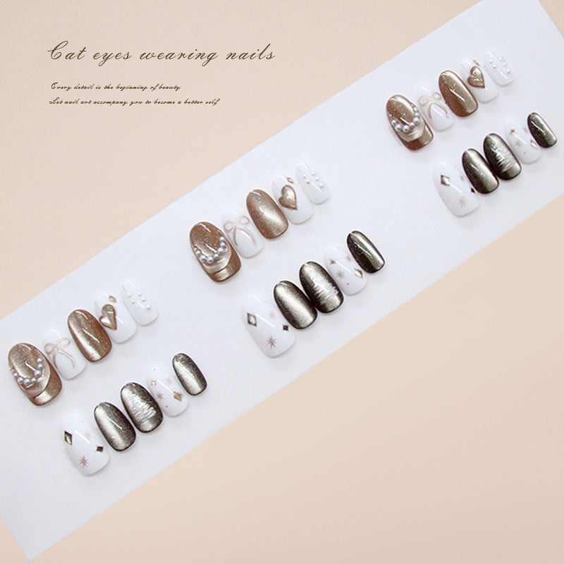 Mystical Elegance Press On Nail Set Short Oval White and Brown with Cat Eye Effect and Decorative Accents
