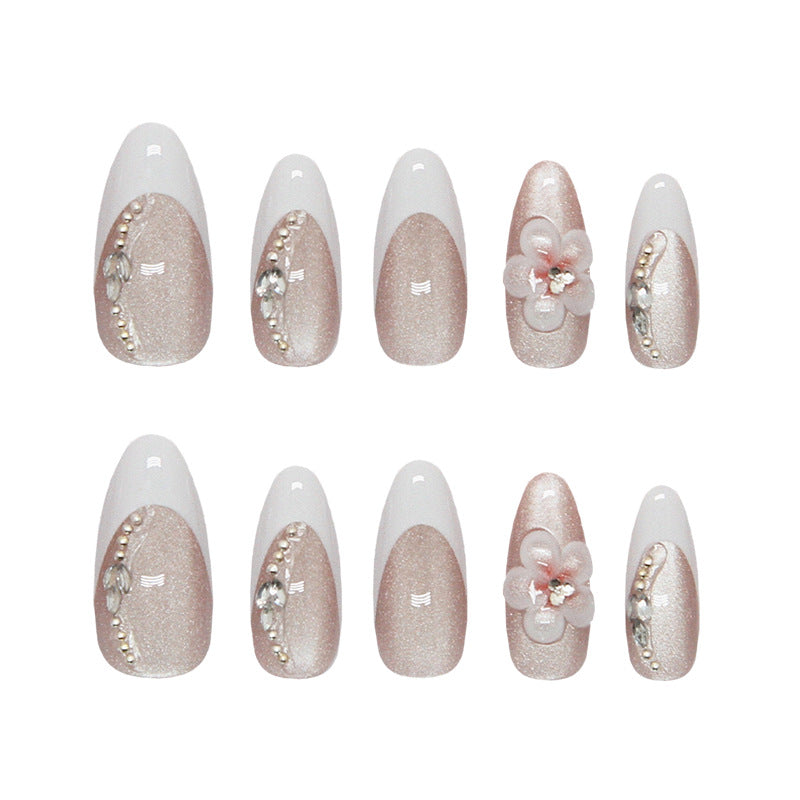 Blossom Elegance Long Almond Pink Gradient with Glitter and Floral Accent Press-On Nail Set
