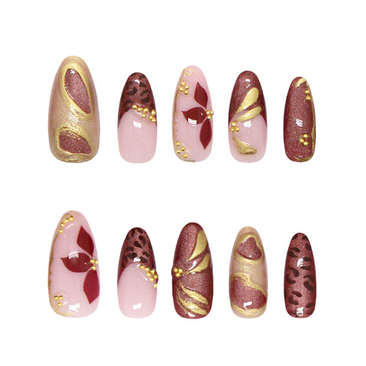 Autumn Elegance Glamorous Long Almond Shaped Burgundy and Pink Nail Set with Gold Accents and Floral Designs