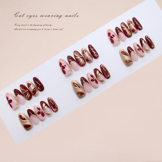 Mystical Elegance Long Almond Shaped Red and Pink Glimmering Cat Eye Nail Set