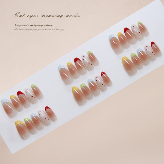 Enchanting Cat Eye Press-On Nails Long Almond Shape Gradient Beige with Colorful Tips and Dazzling Dots