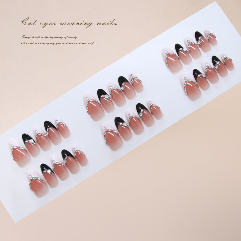 Mystical Glamour Long Almond Gradient Pink and Black Press On Nail Set with Sparkling Gem Accents
