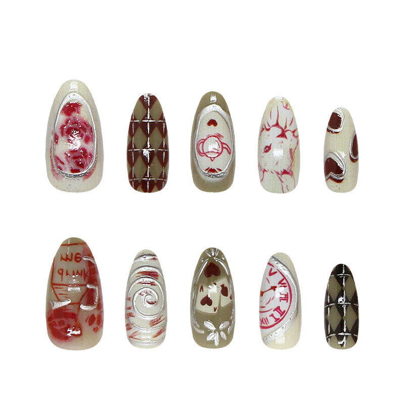 Romantic Elegance Long Almond Brown and Cream Press On Nail Set with Unique Artistic Designs