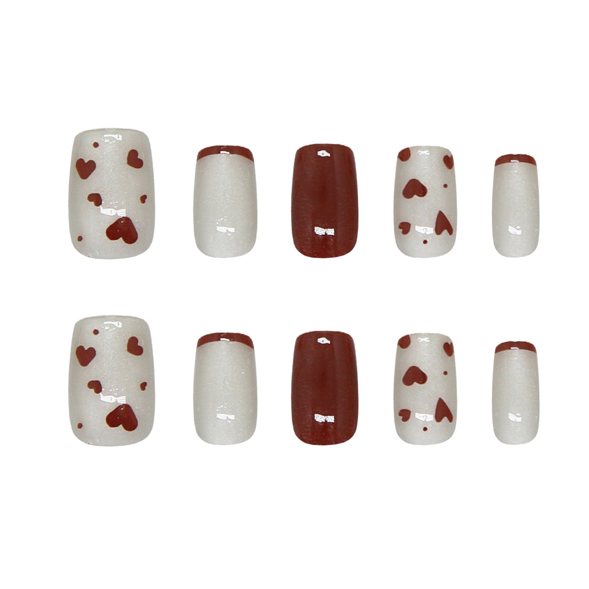 Romantic Hearts Elegant Medium Square White and Brown Nail Set with Charming Heart Patterns
