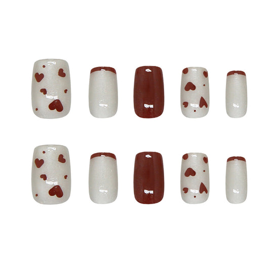 Romantic Hearts Elegant Medium Square White and Brown Nail Set with Charming Heart Patterns
