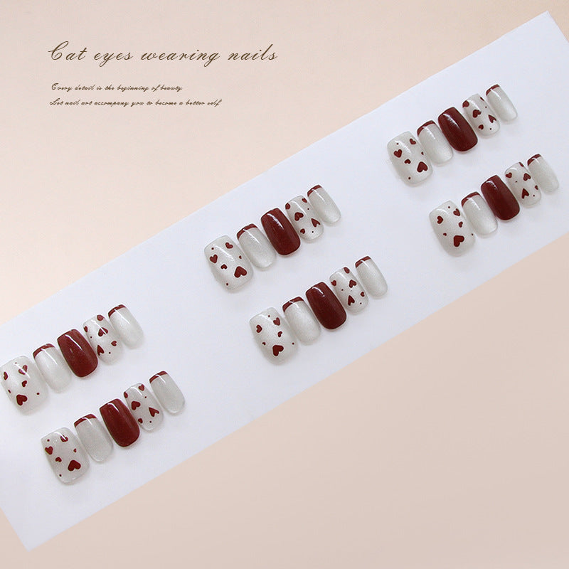 Charming Romance Medium Square Shaped Burgundy and White Cat Eye Effect Press On Nail Set