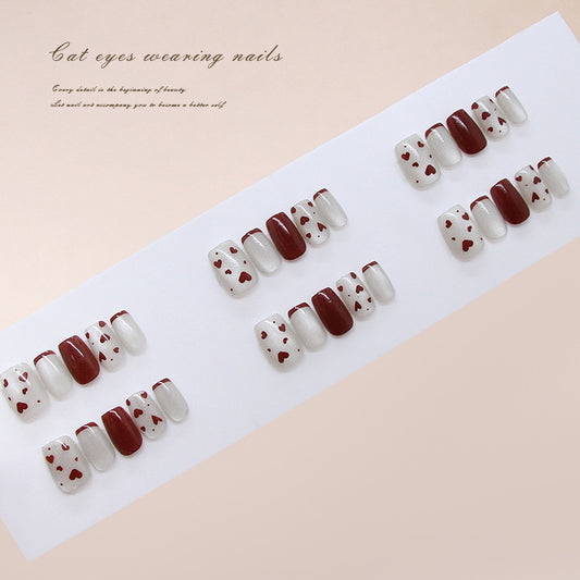 Charming Romance Medium Square Shaped Burgundy and White Cat Eye Effect Press On Nail Set