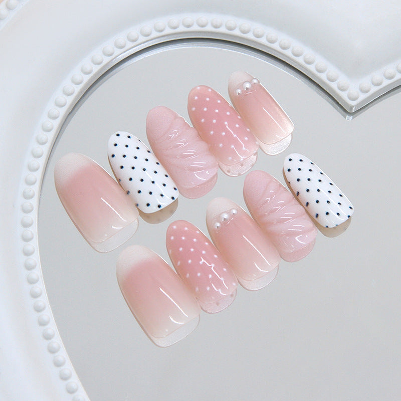 Chic Polka Dot Medium Oval Pink Nail Set with Pearls and Patterns