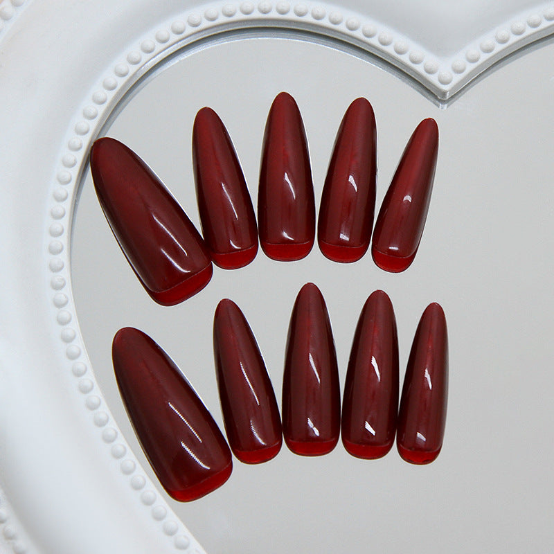 Elegant Dreamy Long Almond Deep Red Press on Nail Set with Glossy Finish
