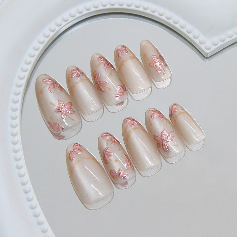Blossom Elegance Medium Almond Pink Floral Press On Nail Set