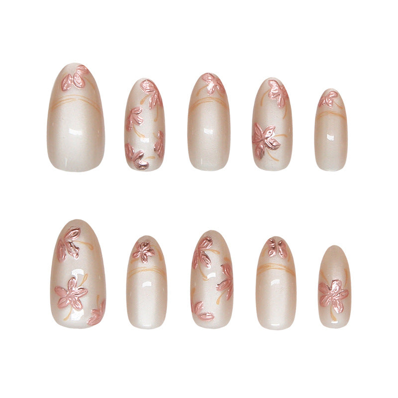 Blossom Elegance Medium Oval Beige Finish with Floral Design Press On Nail Set