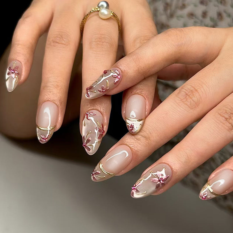Whimsical Floral Medium Almond Transparent with Gold Accents Press on Nail Set