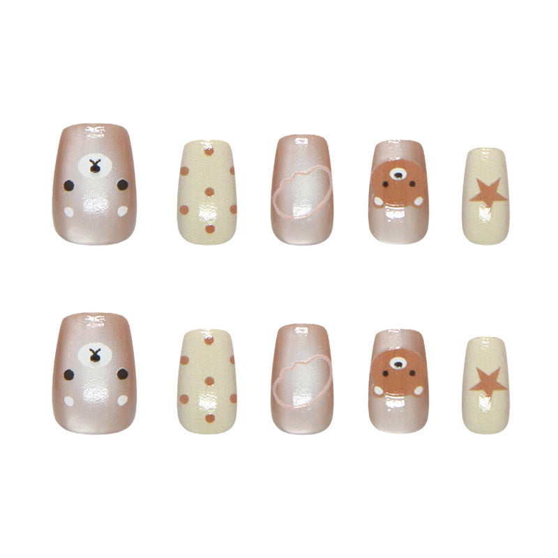 Whimsical Bear Theme Short Square Beige and Brown Character Enhanced Press-On Nail Set