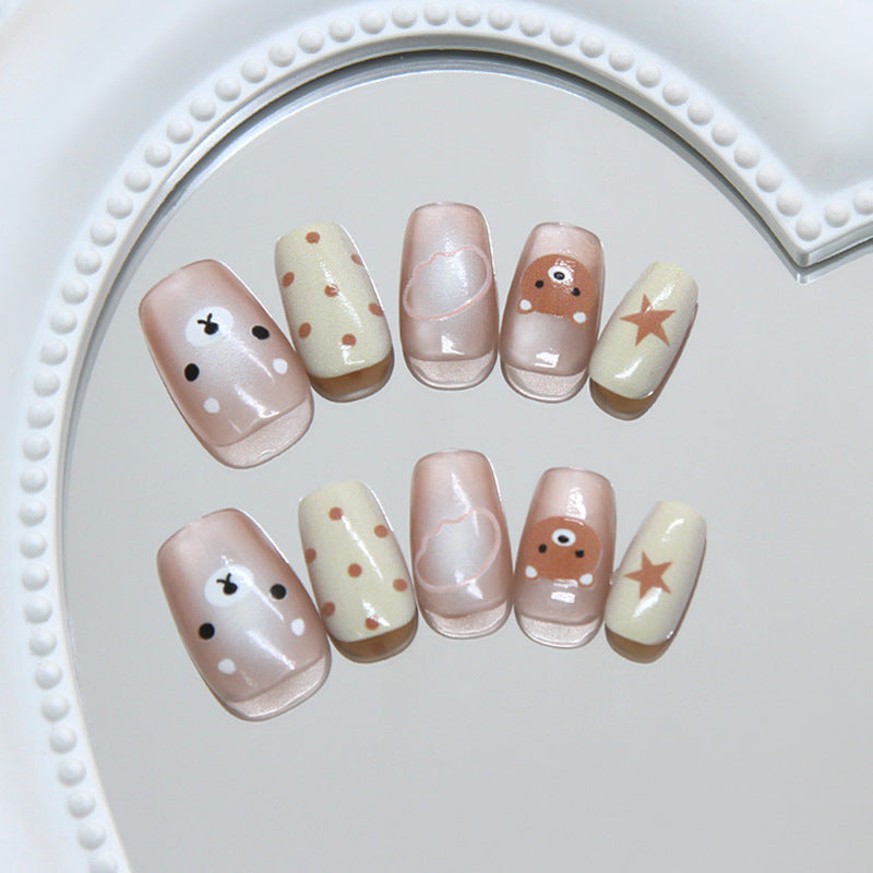 Kawaii Vibes Short Square Beige Press on Nail Set with Unique Whimsical Designs