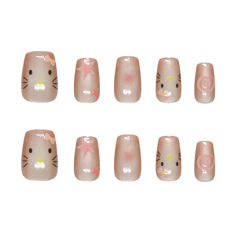 Whimsical Petal Theme Short Square Blush Pink with Cute Kitty Designs Press On Nail Set