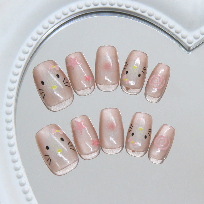 Whimsical Pastel Short Square Pink Kitty Themed Nail Set