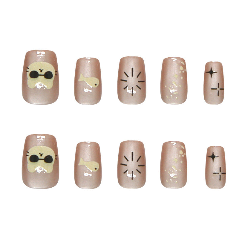Cute Ocean Vibes Short Square Beige Nail Set with Fun Animal Designs