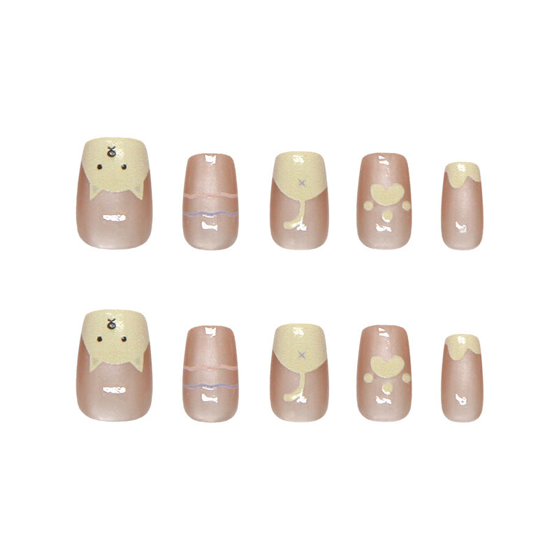 Charming Whimsy Short Square Beige Nails with Cute Animal Designs
