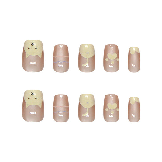 Charming Whimsy Short Square Beige Nails with Cute Animal Designs