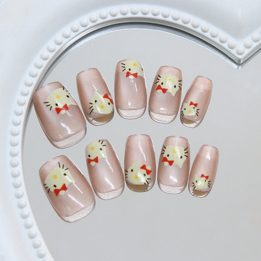 Cute Kitty Charm Short Square Pink Stick-On Nail Set with Adorable Cartoon Design