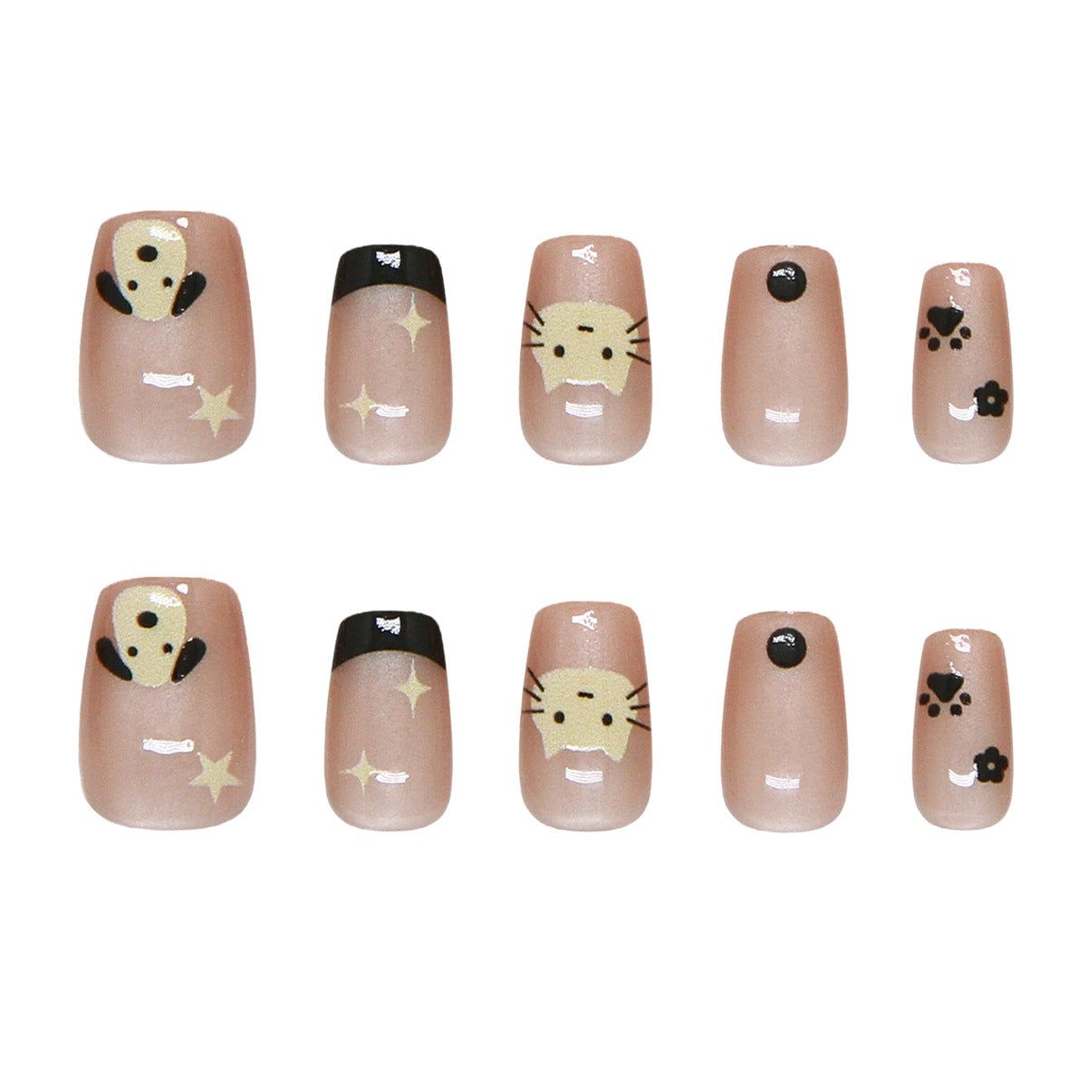 Whimsical Animal Kingdom Short Square Soft Beige with Cute Animal Faces Nail Set