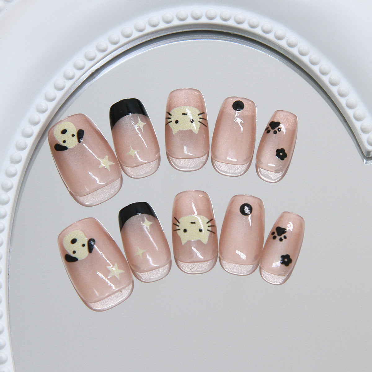 Whimsical Charm Short Square Beige Press On Nail Set with Adorable Animal Designs