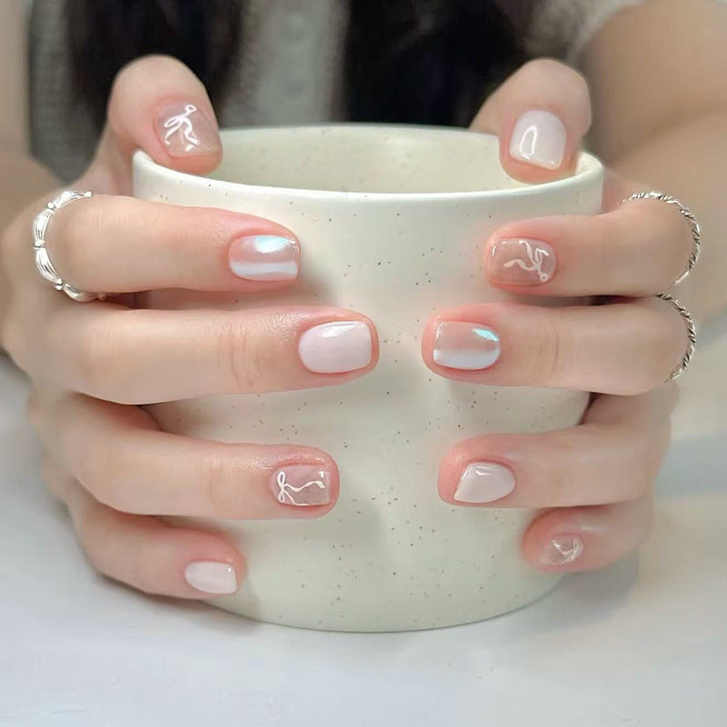 Chic Serenity Short Square Ivory with Elegant Line Art Design Press On Nail Set