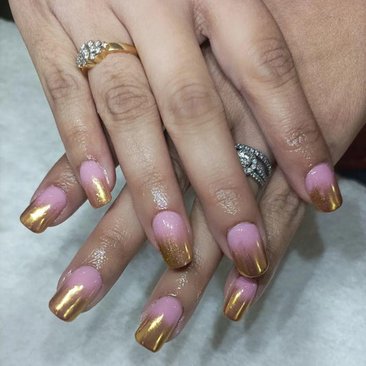 Sunset Ombr‚àö¬© Medium Round Pink and Gold Glitter Press On Nail Set