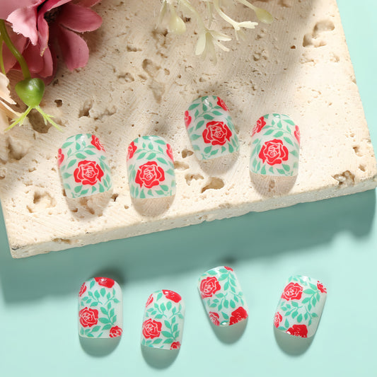 Floral Fantasy Medium Length Oval Mint Green Press-On Nail Set with Red Rose Accents